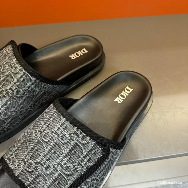 2024 Dior black grey canvas leather Slippers MJ00180