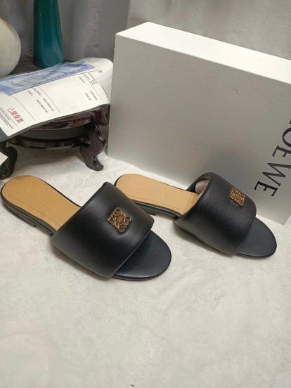 2025 Women Loewe Black Leather Slippers LY00000