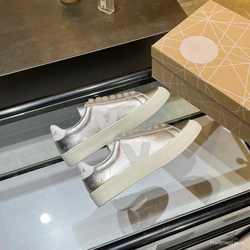 2025 Unisex VEJA Silver Leather Canvas Vulcanized Sneakers MJ00240