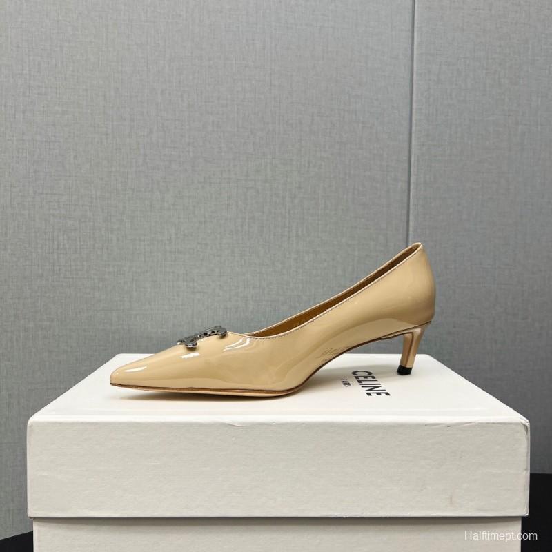 2025 Women Celine Beige Patent Leather Pointed Toe Heel Metal Ornament KFY00290