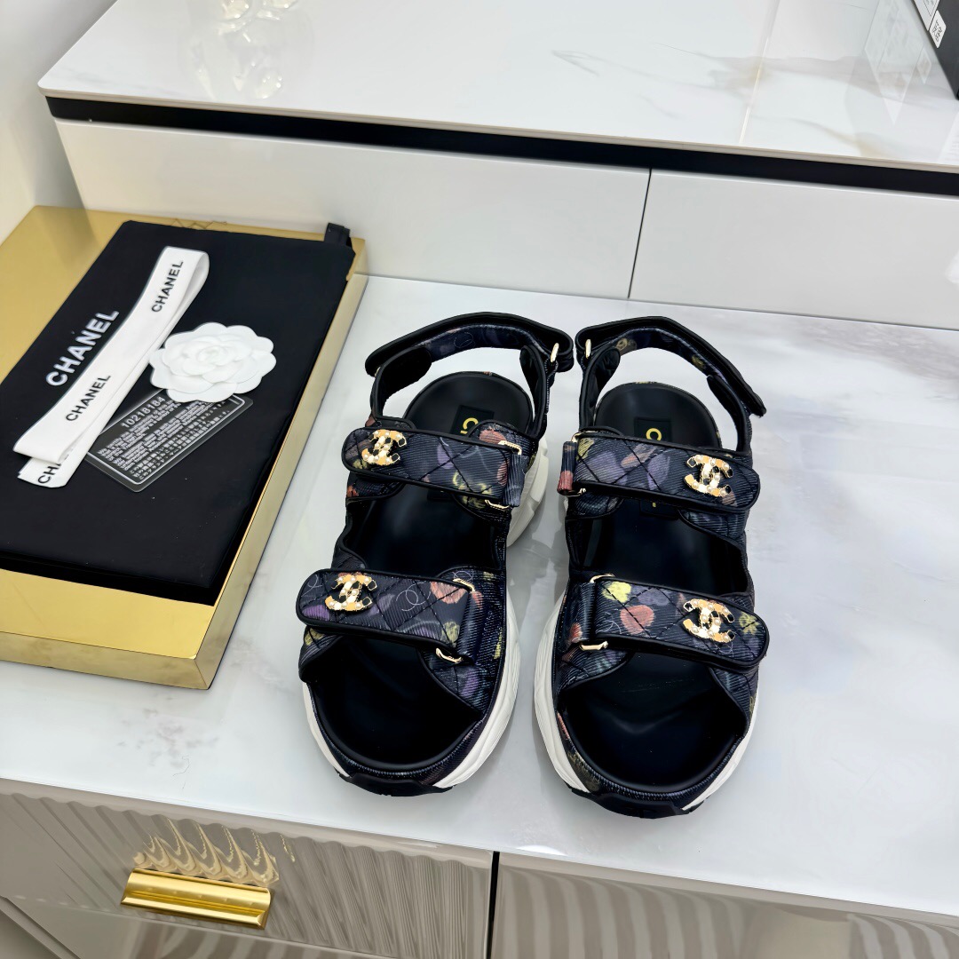 2025 Women Chanel Black Multicolor Fabric Leather Sandals LY00330