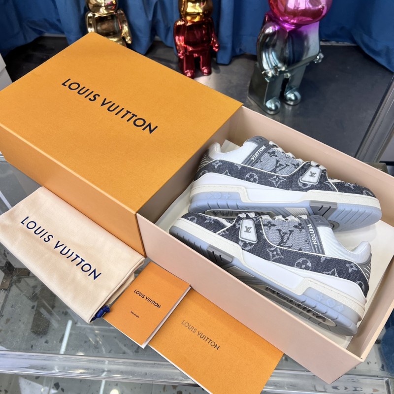 2025 Unisex Louis Vuitton Grey White Fabric Leather Sneakers