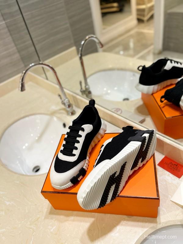 2024 Unisex Hermès Black White Knitted Leather Sneakers