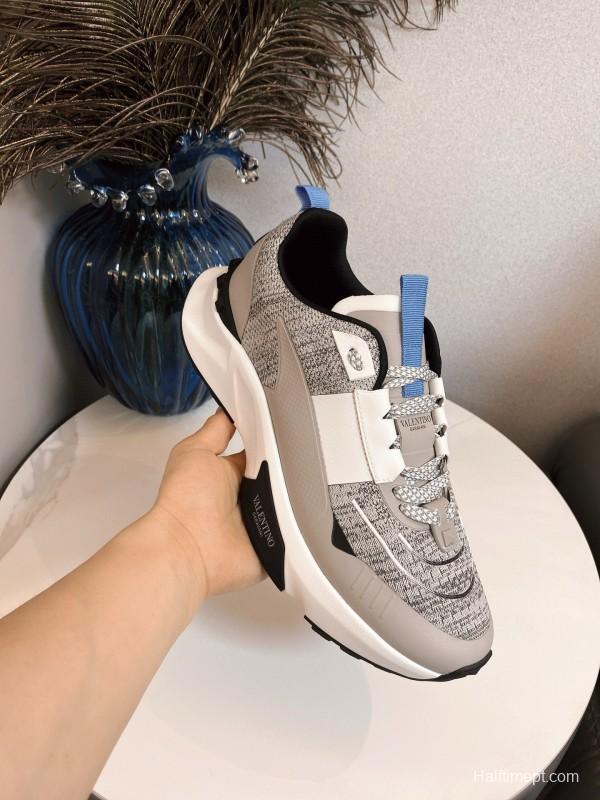 2024 Unisex Valentino White Grey Blue Fabric Leather Sneakers MJ00340