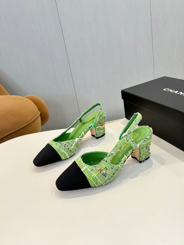 2025 Women Chanel Green Black Fabric Leather Slingback Shoes
