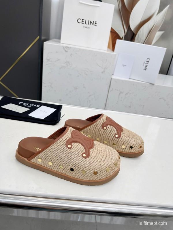 2025 CELINE Beige Leather Raffia Slippers LY00240