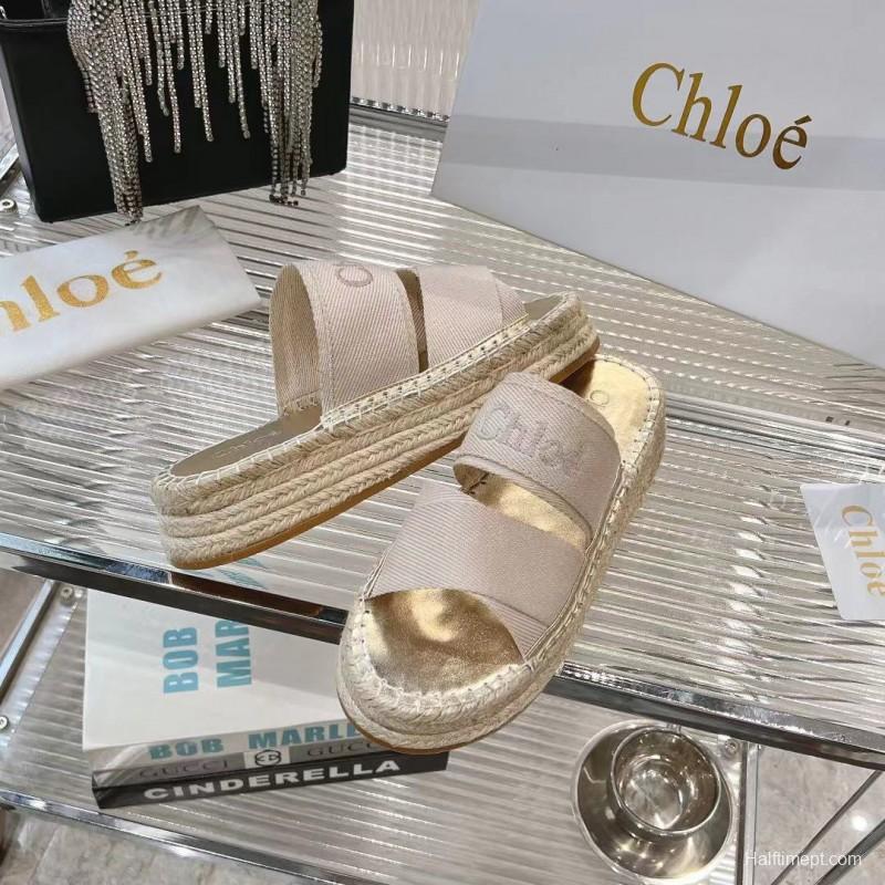 2025 Women Chloé Beige Fabric Espadrille Slip-On Sandals LY00320