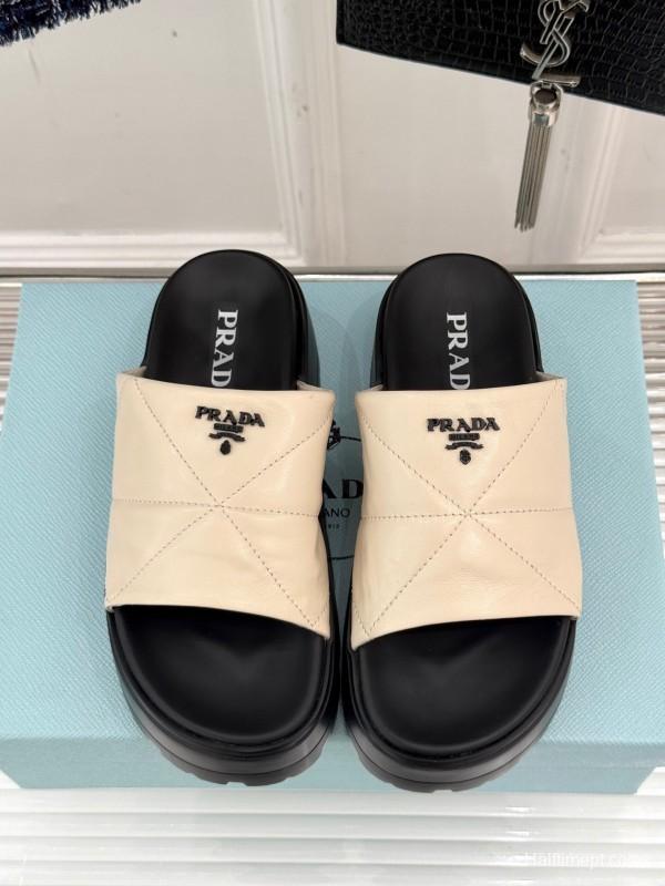 2025 Women Prada Beige Leather Platform Sandals
