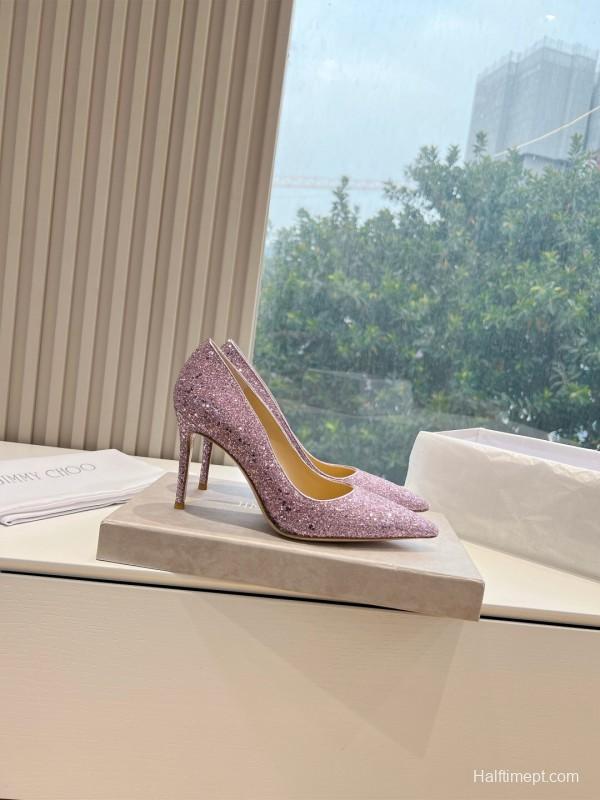 2025 Women Jimmy Choo Pink Glitter Leather Stiletto Pump