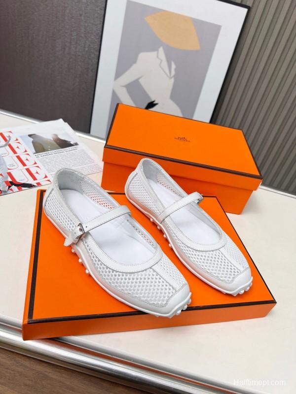 2025 Women Hermès White Leather Mesh Mary Jane LY00230