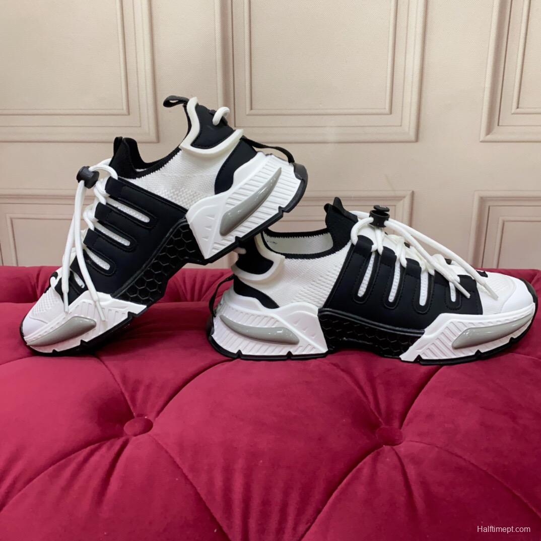 2025 Unisex Dolce & Gabbana Black White Mesh Leather Sneakers LY00340