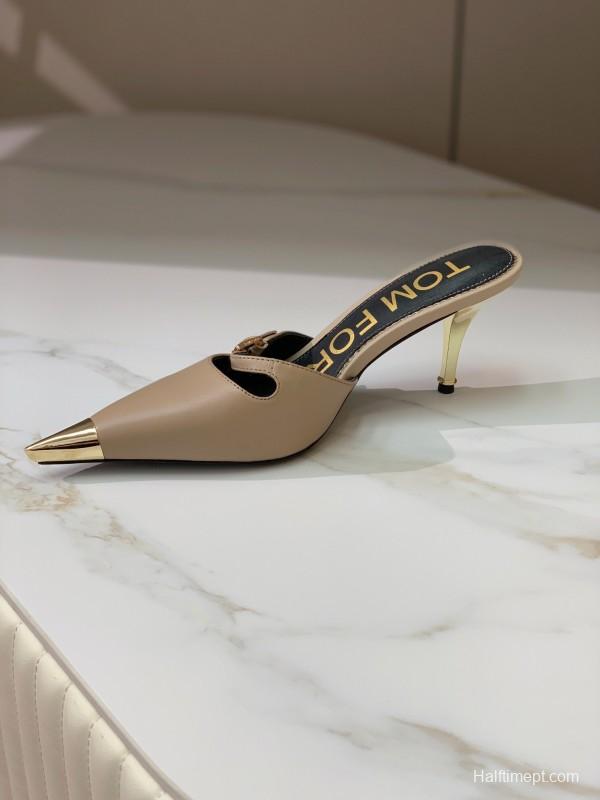 2025 Women TOM FORD Beige Gold Leather Pointed Toe Mules KFY00300