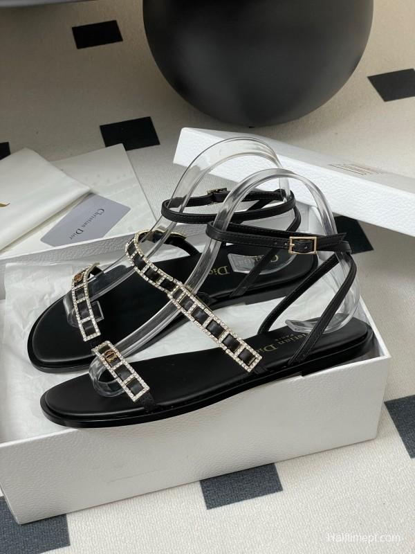 2025 Women Dior Black Crystal Embellished Leather Flat Sandals