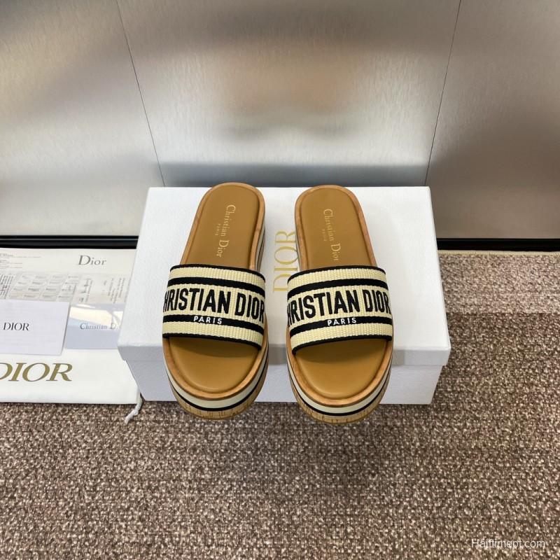2025 Slippers Dior Beige Black Textile Platform Embroidery