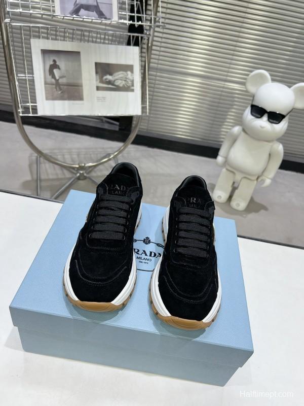 2025 Unisex Prada Black Suede Leather Sneakers KFY00310