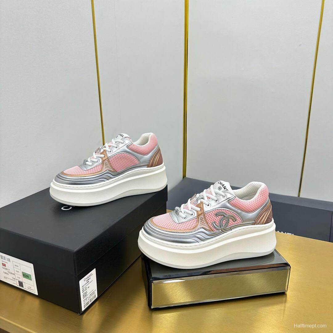 2025 Women Chanel Pink Silver Leather Mesh Sneakers