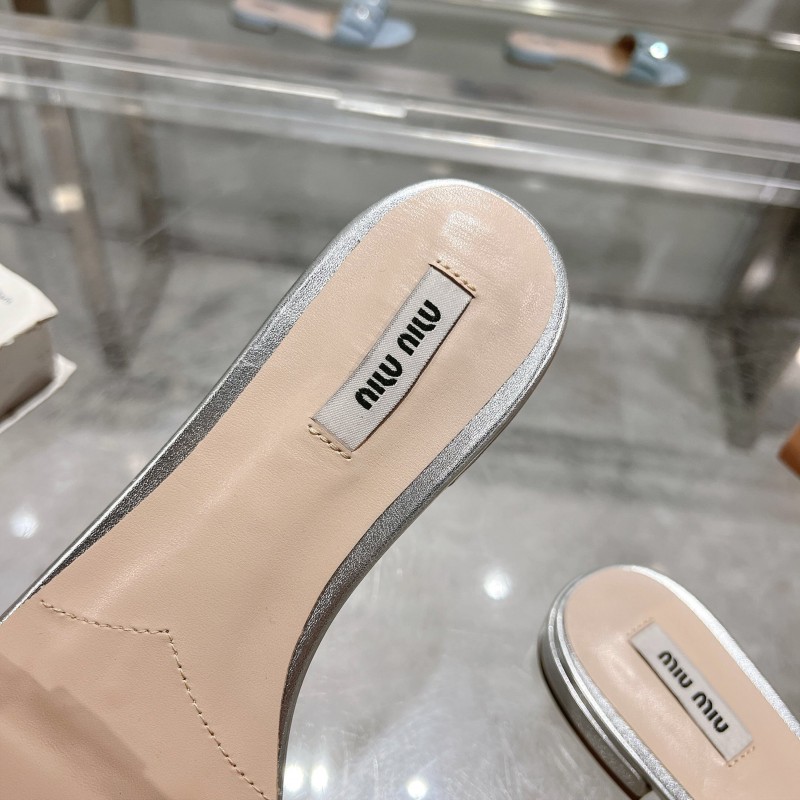 2025 Women Miumiu Silver Metallic Leather Slippers
