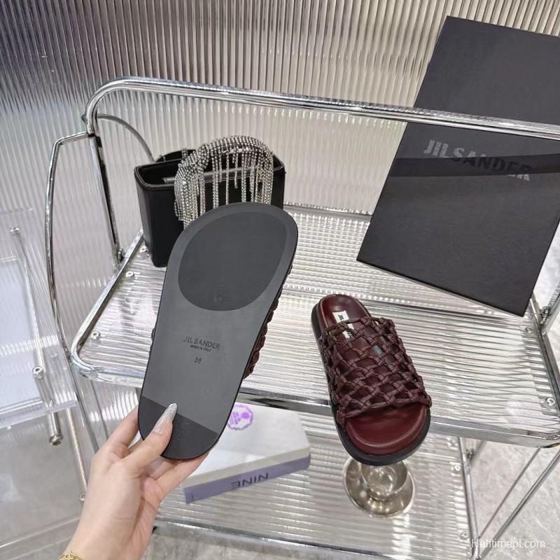 2025 Women Jil Sander Brown Leather Woven Slippers