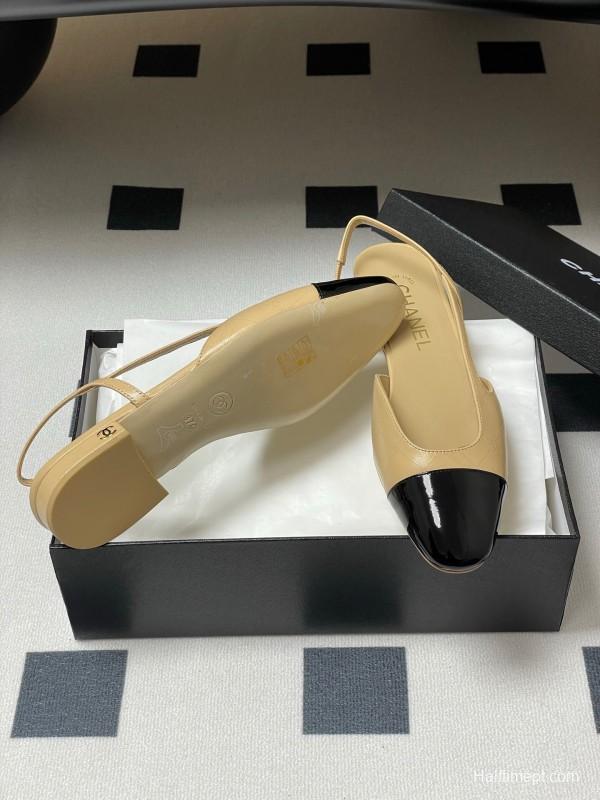 2025 Women Chanel Beige Black Leather Sling-back Flat Heel