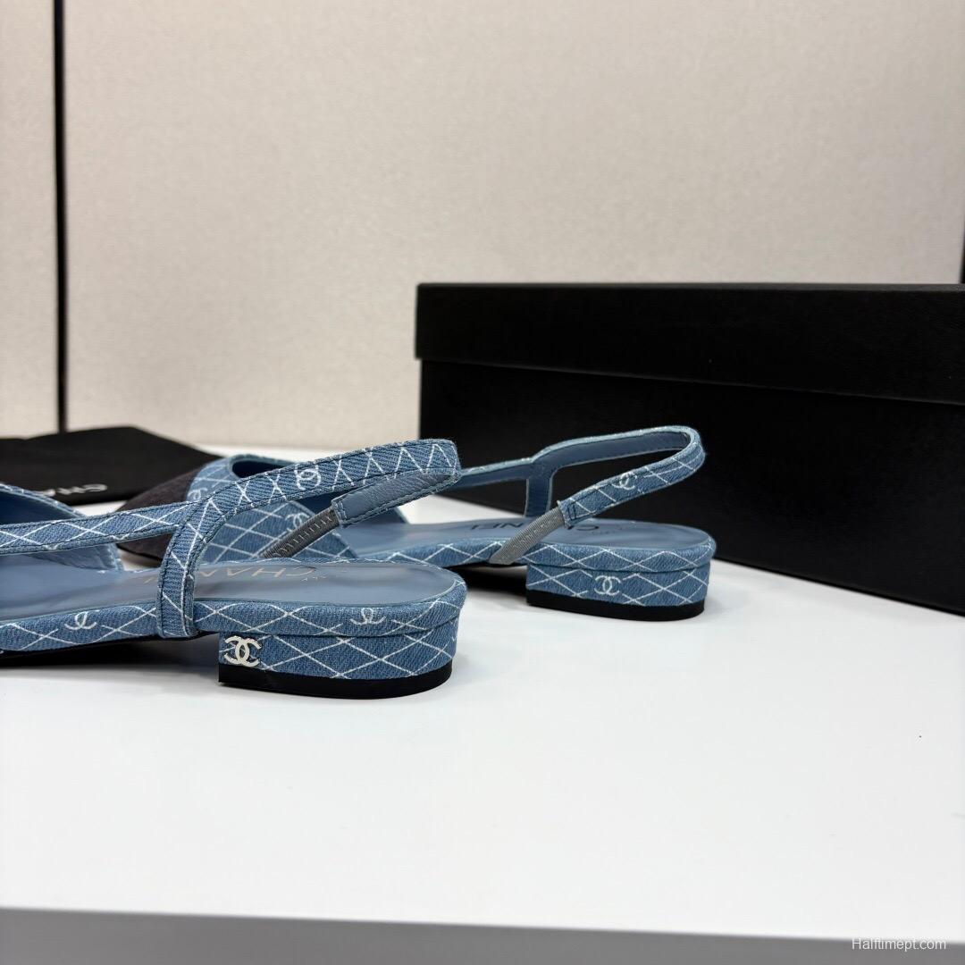 2025 Women Chanel Blue Black Denim Leather Slingback LY00240