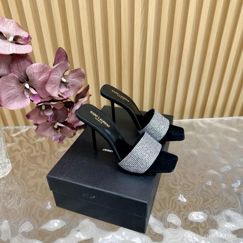 2025 Women Yves Saint Laurent Black Crystal Fabric High Heel Sandals MJ00300