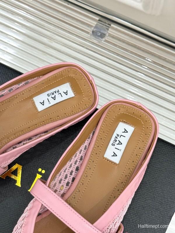 2025 Slippers AlAIA Pink Mesh Leather Mule