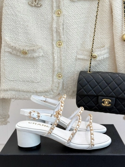 2025 Women Chanel White Leather Chain Strap Sandals