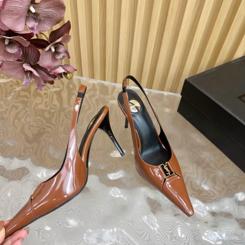 2025 Women Yves Saint Laurent Brown Patent Leather Slingback Heels