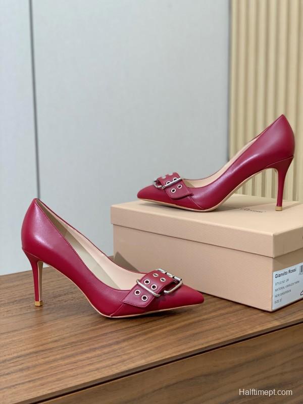 2025 Women Gianvito Rossi Red Leather Heels Buckle KFY00300