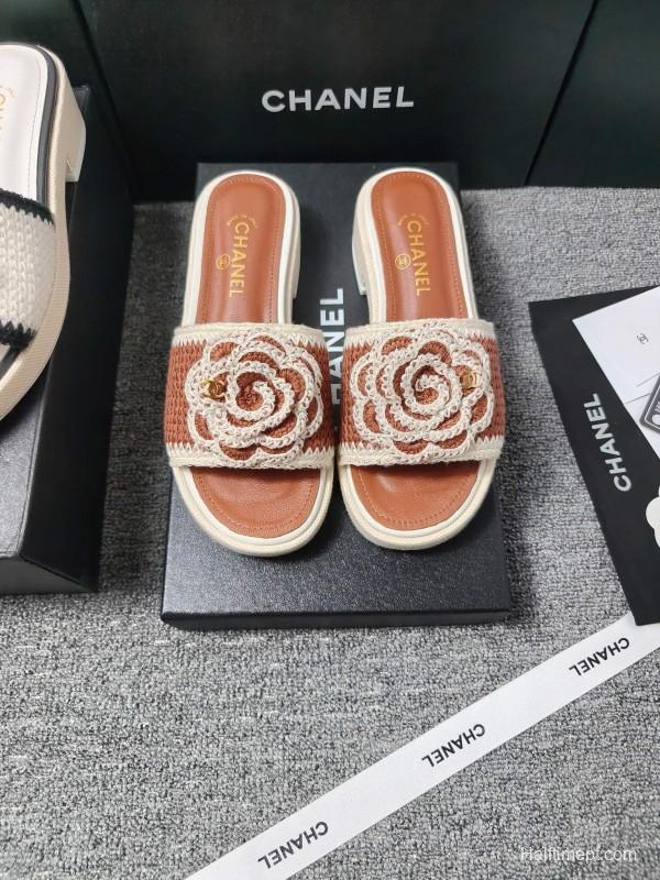 2025 Women Chanel Brown White Leather Slippers