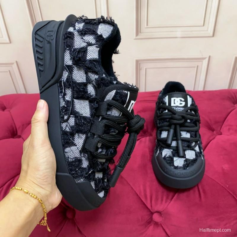 2024 Unisex Dolce & Gabbana Black White Wool Leather Sneakers MJ00340
