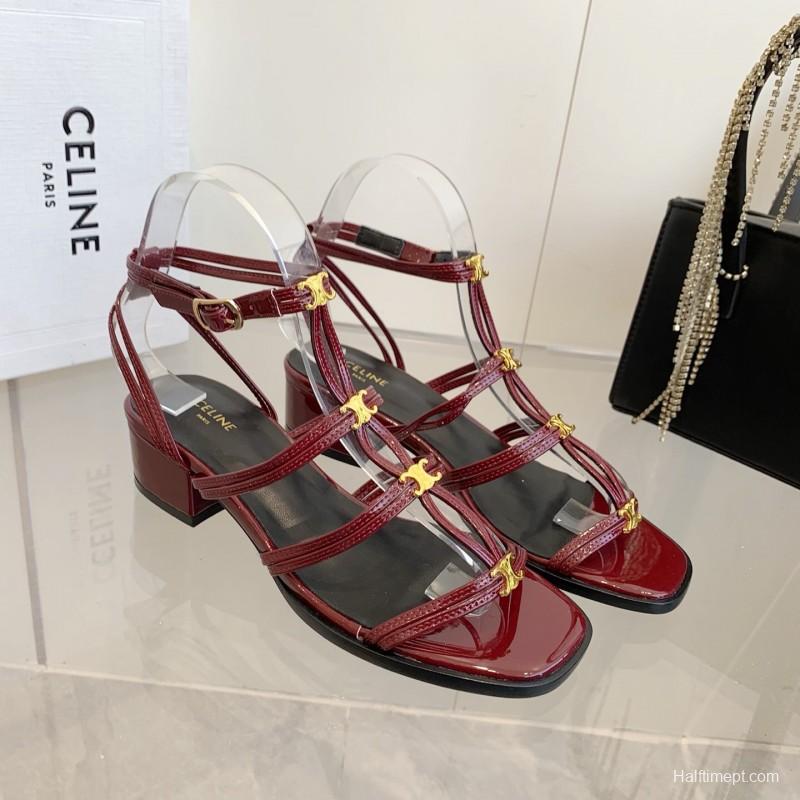 2025 Women Celine Burgundy Patent Leather Sandals KFY00300