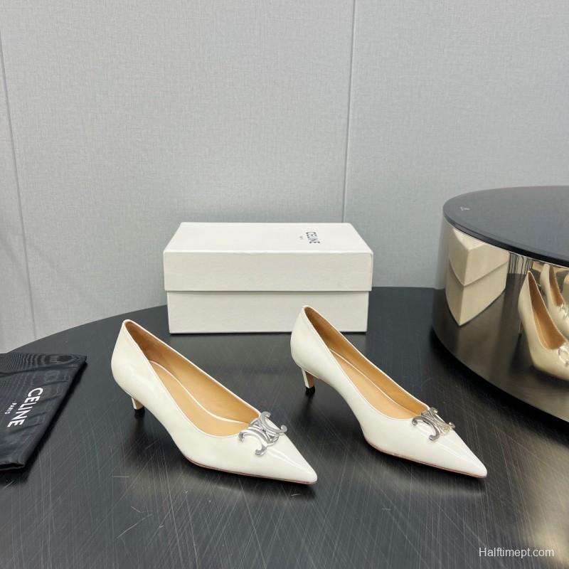 2025 Women Celine White Leather Pointed Toe Kitten Heel KFY00290