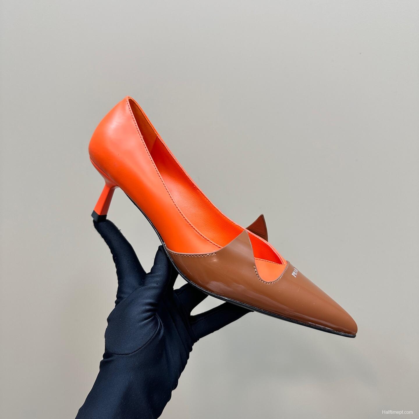 2025 Women Prada Orange Brown Leather Heels KFY00310