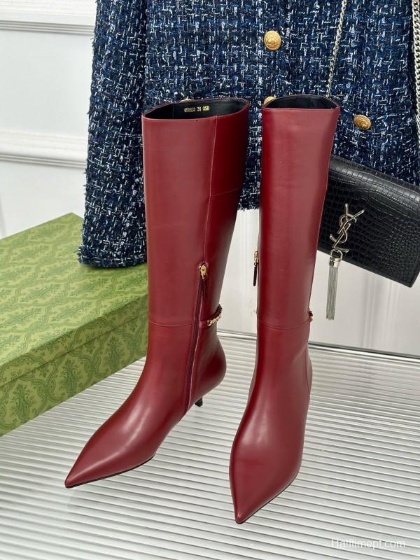 2024 Women Gucci Wine Leather Knee High Boots Chain Link MJ00550