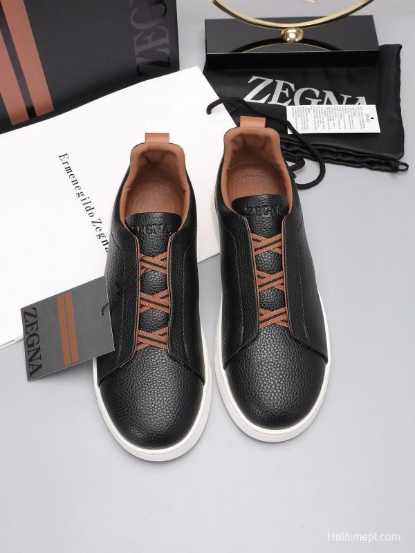 2024 Men Ermenegildo Zegna Black Brown Leather Sneakers MJ00240