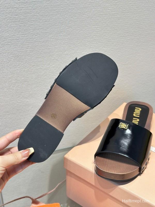 2025 Women Miu Miu Black Leather Slippers