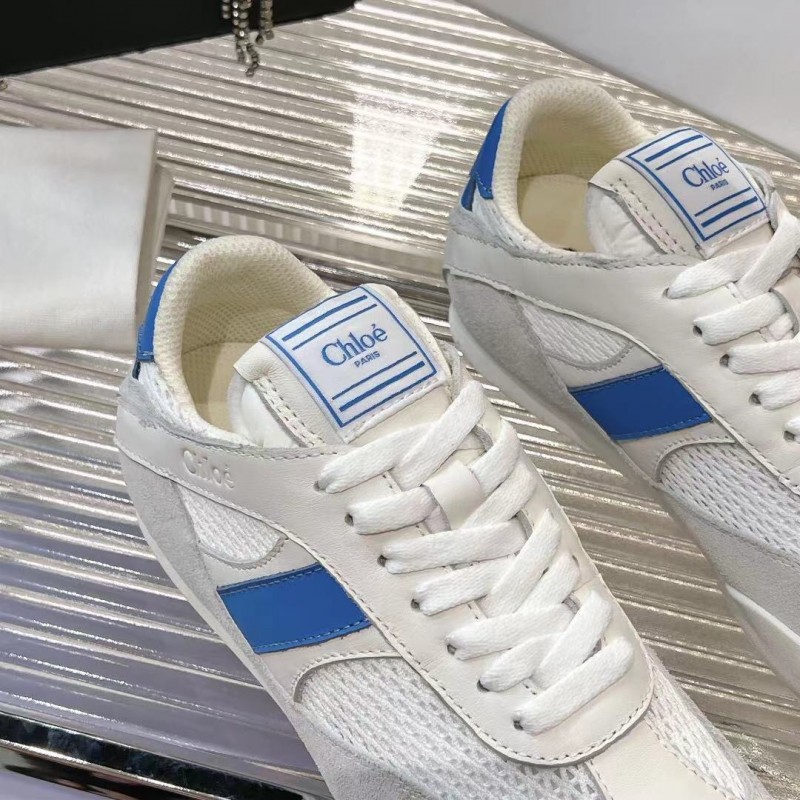 2025 Women Chloé White Blue Mesh Leather Casual Sneakers LY00280