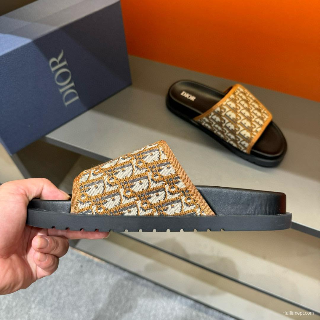 2024 Slippers Dior brown beige jacquard leather Slippers MJ00180