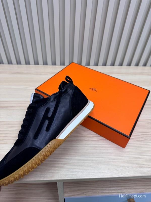 2025 Men Hermès Black Suede Leather Sneakers LY00310