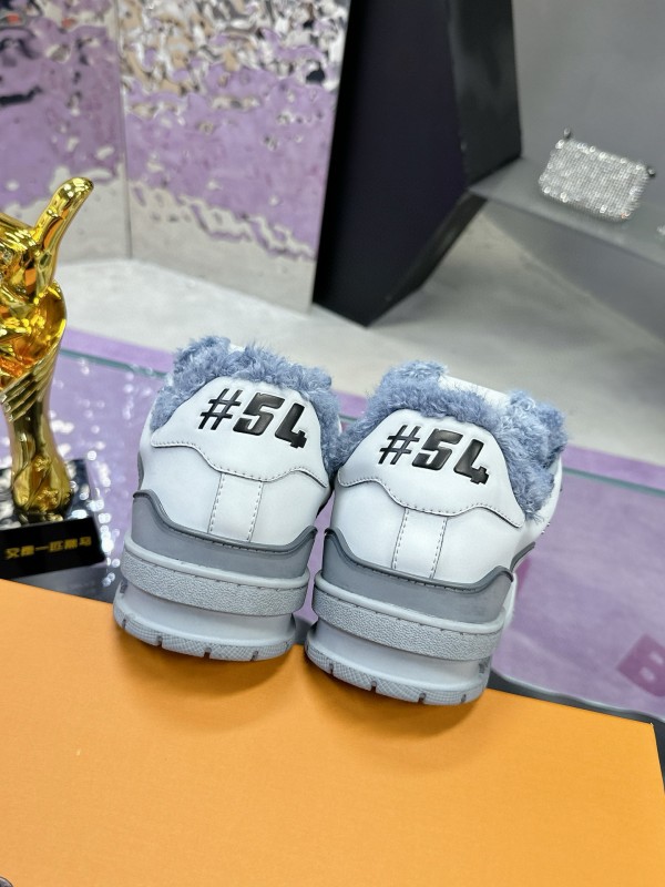 2024 Women Louis Vuitton White Grey Leather Fur Sneakers
