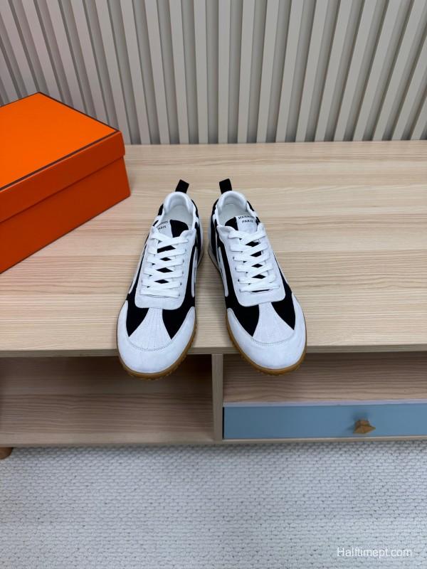 2025 Unisex Hermès White Black Suede Goat Leather Sneakers Top Version KFY00300