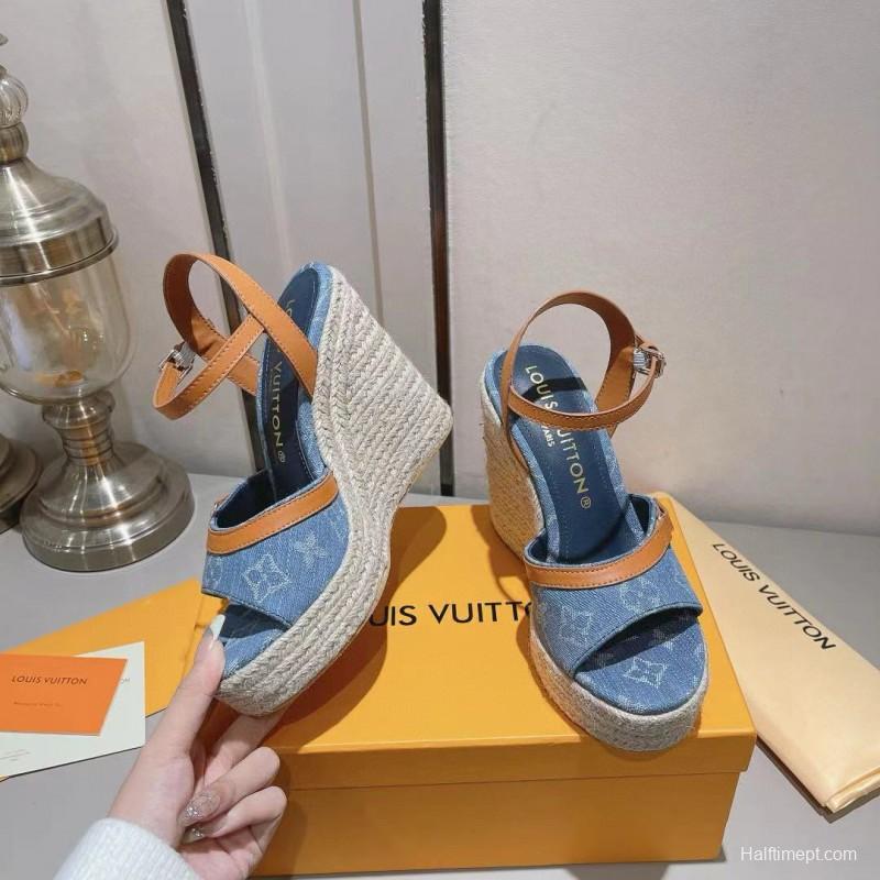 2025 Women Louis Vuitton Blue Denim Leather Espadrilles Sandals MJ00280