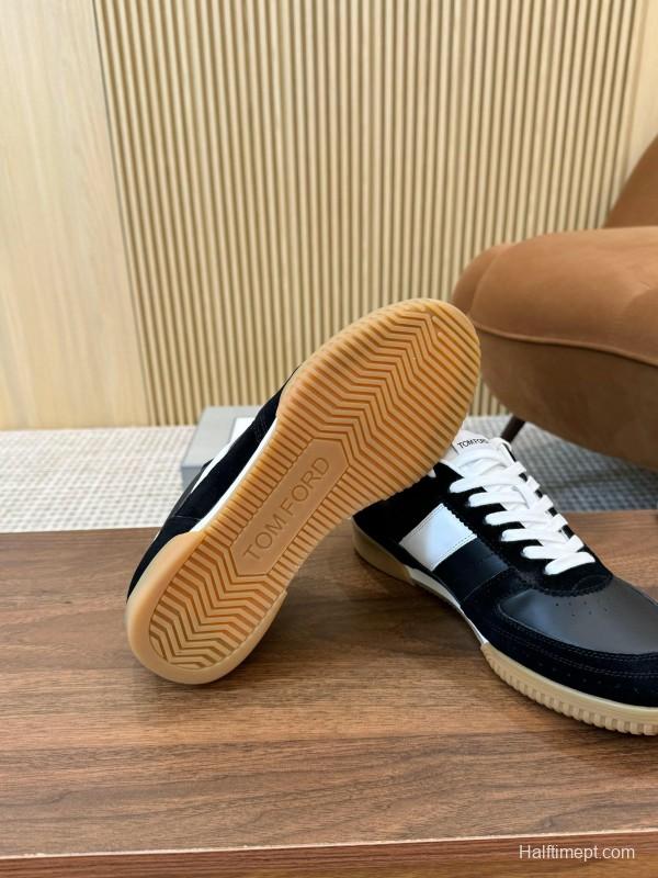 2025 Unisex TOM FORD Black White Leather Suede Sneakers Classic Contrasting LY00360