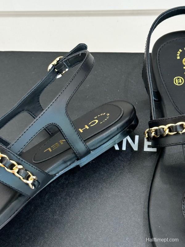 2025 Women Chanel Black Leather Sandals KFY00250
