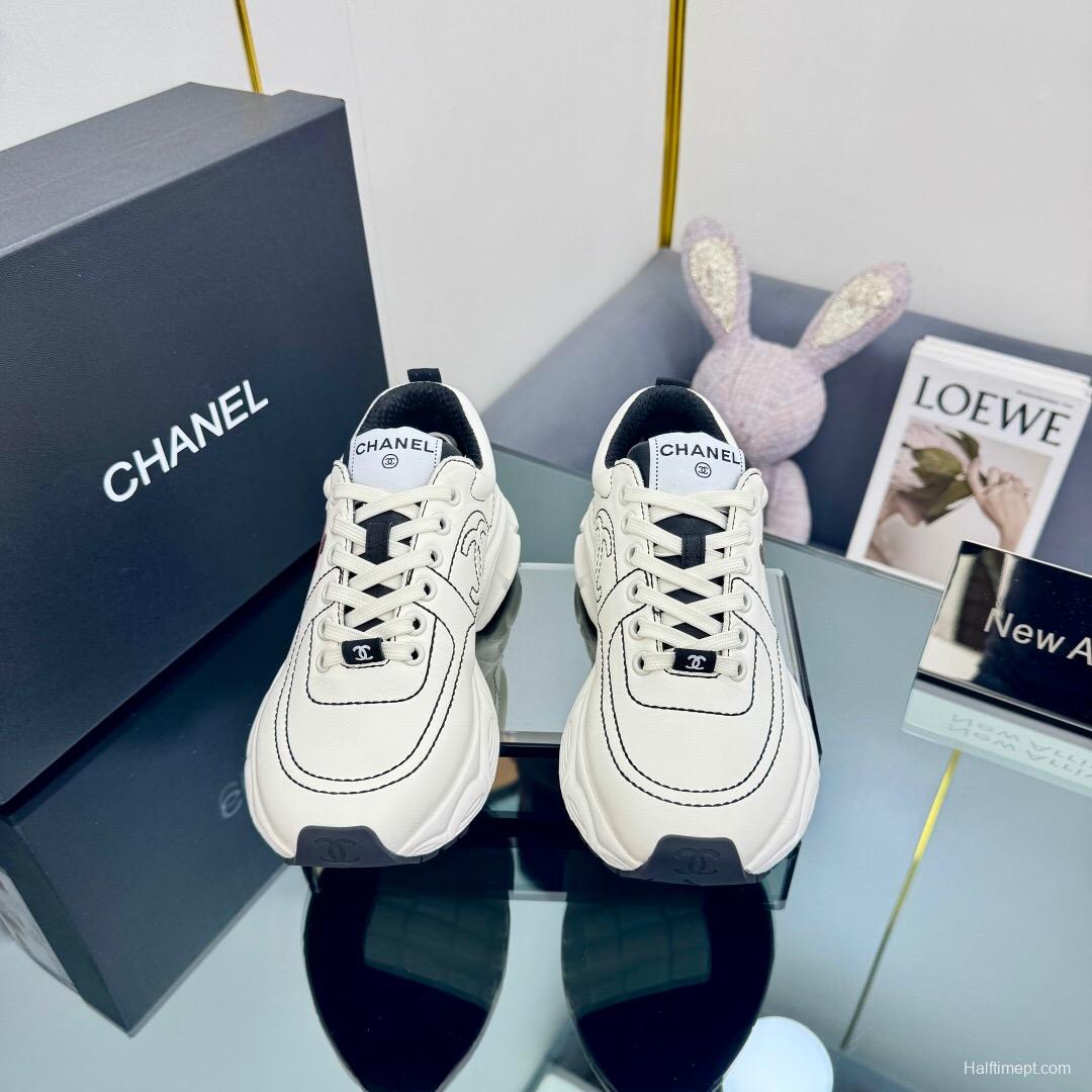 2025 Women Chanel White Leather Sneakers Cartoon Graphic
