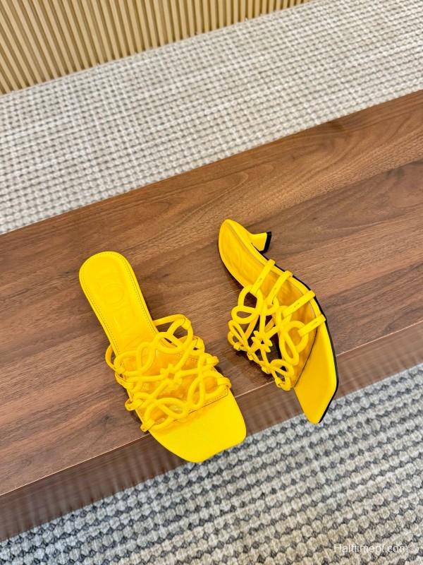 2025 Women Loewe Yellow Leather Heeled Mules LY00250