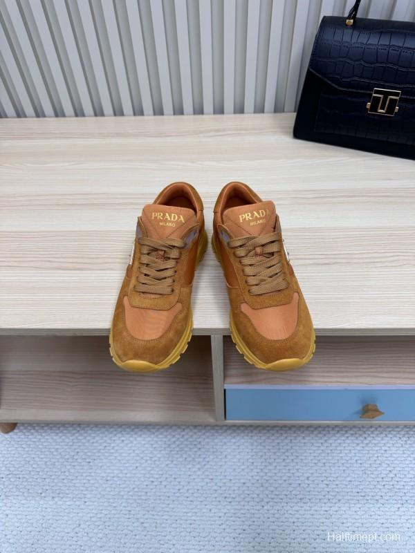 2025 Women Prada Brown Suede Nylon Sneakers LY00300