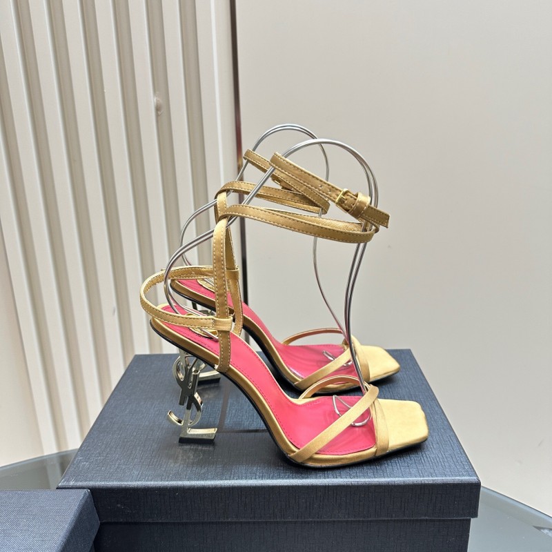 2025 Women Yves Saint Laurent Light Brown Satin High Heel Sandals