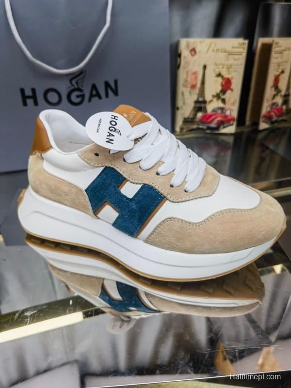 2025 Unisex HOGAN White Beige Blue Leather Suede Platform Sneakers H-STRIPES LY00360(F)/LY00370(M)